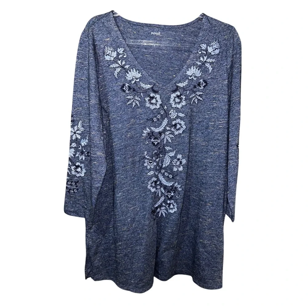 J.Jill Pure‎ Jill Navy Blue Floral Embroidered V-Neck Tunic Top XS